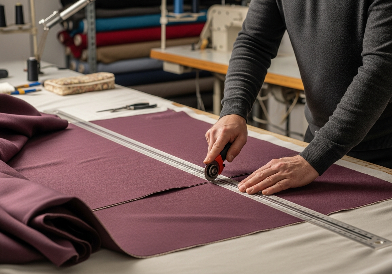 Upholstery professional precisely cutting fabric with a rotary cutter and ruler.